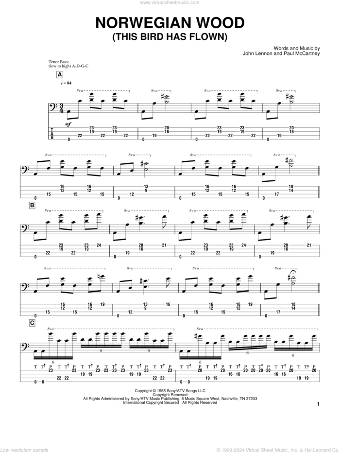 Norwegian Wood (This Bird Has Flown) sheet music for bass (tablature) (bass guitar) by Victor Wooten, The Beatles, John Lennon and Paul McCartney, intermediate skill level