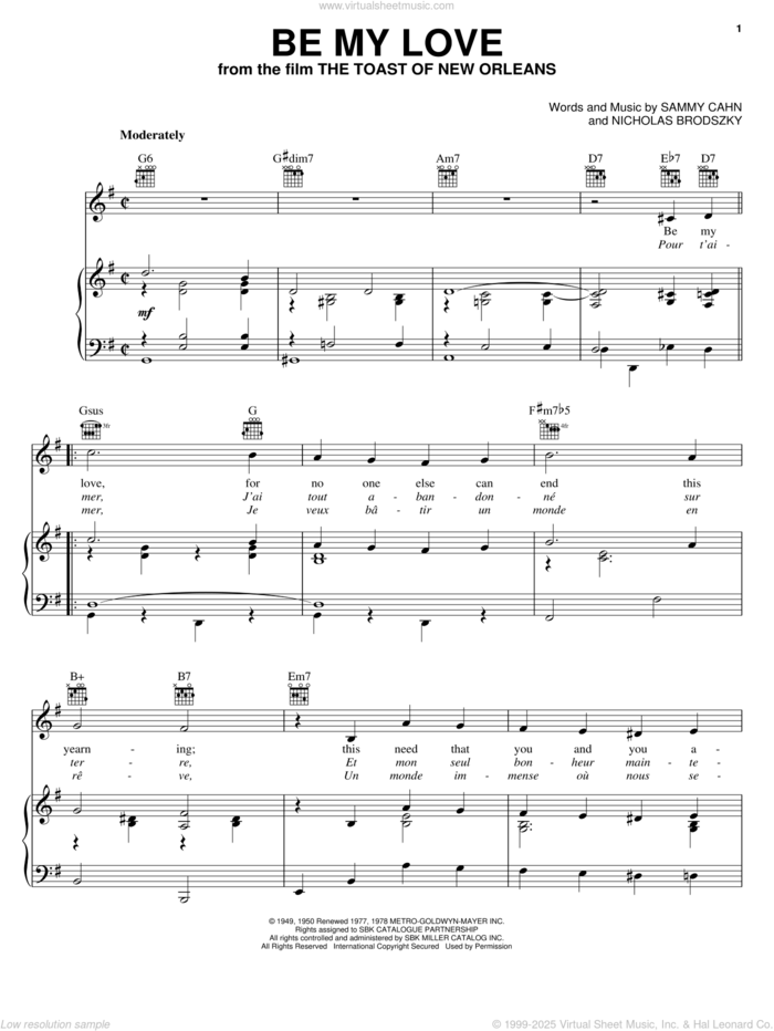 Be My Love sheet music for voice, piano or guitar by Sammy Cahn and Nicholas Brodszky, intermediate skill level