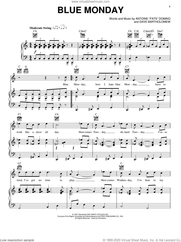Blue Monday sheet music for voice, piano or guitar by Fats Domino and Dave Bartholomew, intermediate skill level