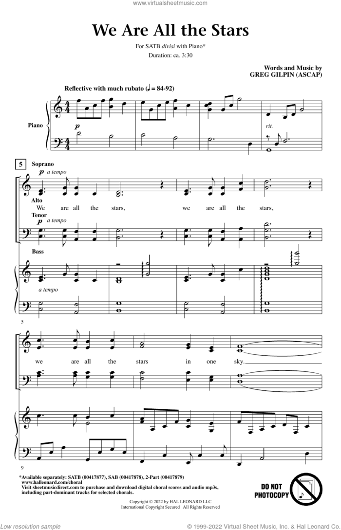 We Are All The Stars sheet music for choir (SATB: soprano, alto, tenor, bass) by Greg Gilpin, intermediate skill level