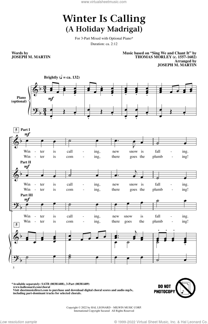Winter Is Calling (A Holiday Madrigal) sheet music for choir (3-Part Mixed) by Joseph M. Martin, intermediate skill level