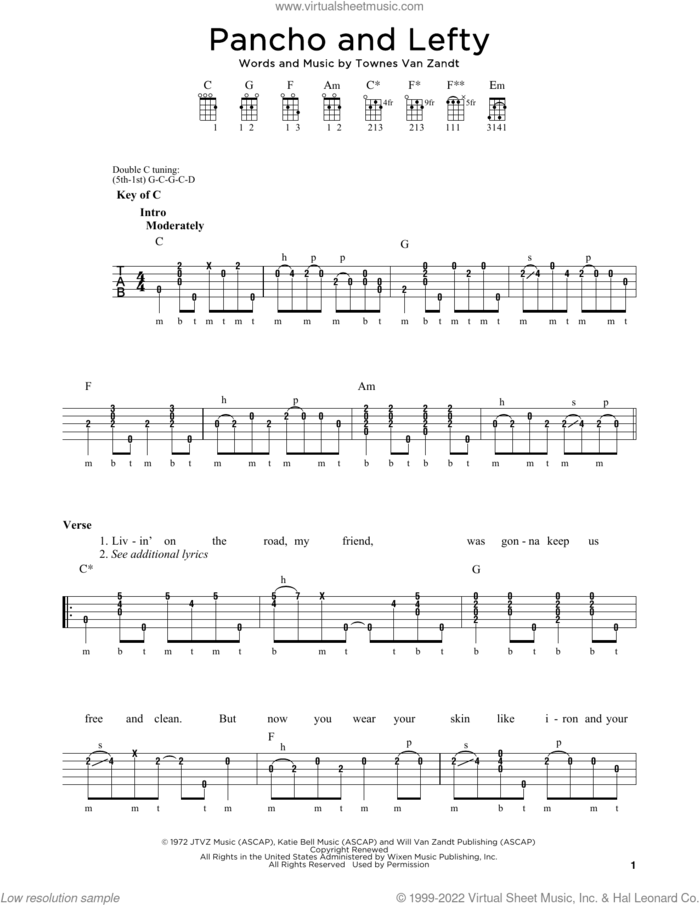 Pancho And Lefty sheet music for banjo solo by Townes Van Zandt, Willie Nelson & Merle Haggard and Michael J. Miles, intermediate skill level