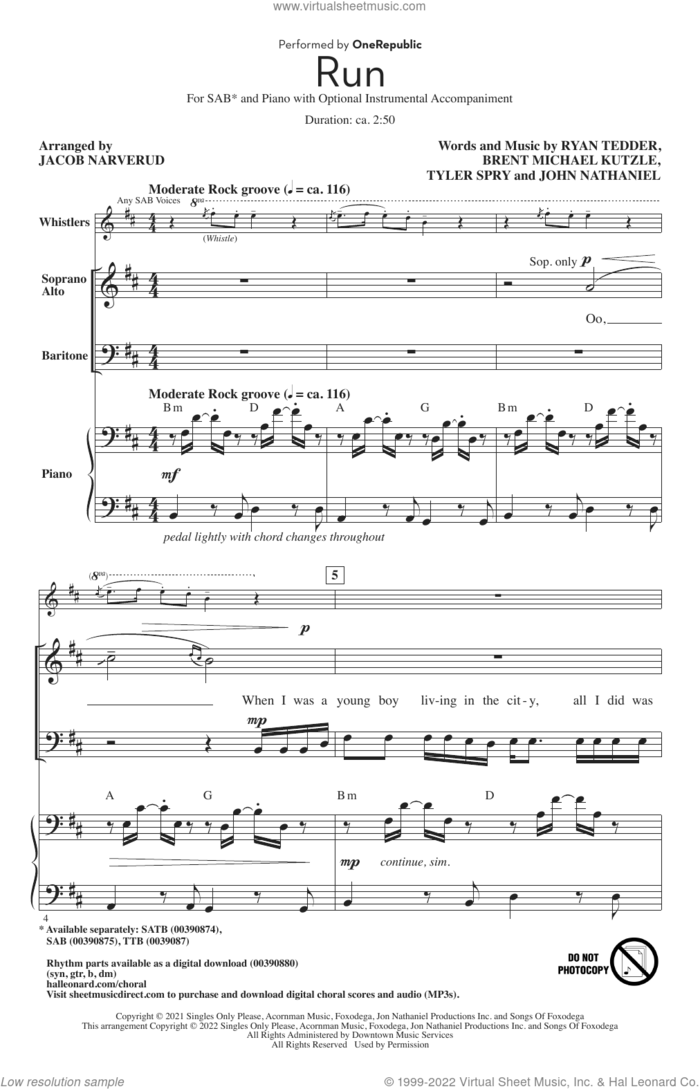 Run (arr. Jacob Narverud) sheet music for choir (SAB: soprano, alto, bass) by OneRepublic, Jacob Narverud, Brent Kutzle, John Nathaniel, Ryan Tedder and Tyler Spry, intermediate skill level