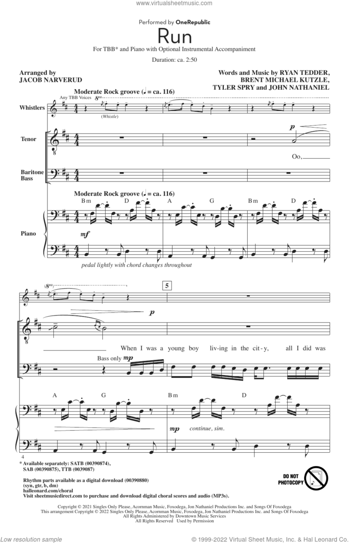 Run (arr. Jacob Narverud) sheet music for choir (TBB: tenor, bass) by OneRepublic, Jacob Narverud, Brent Kutzle, John Nathaniel, Ryan Tedder and Tyler Spry, intermediate skill level