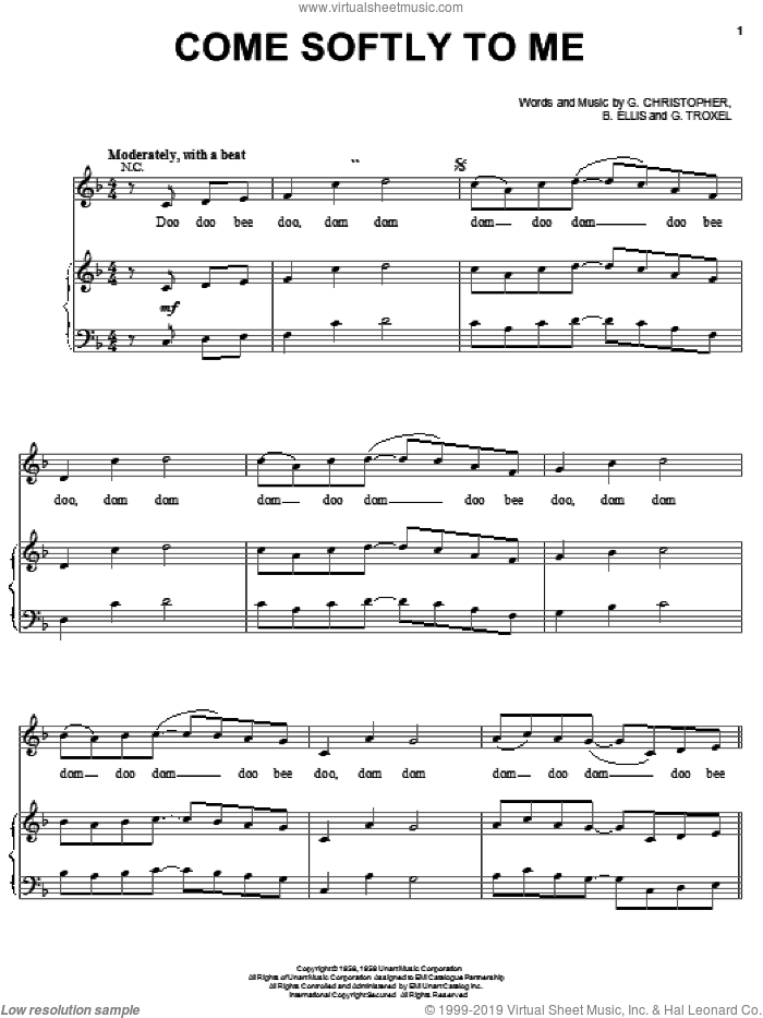 Come Softly To Me sheet music for voice, piano or guitar by Fleetwoods, Barbara Ellis, Gary Troxel and Gretchen Christopher, intermediate skill level