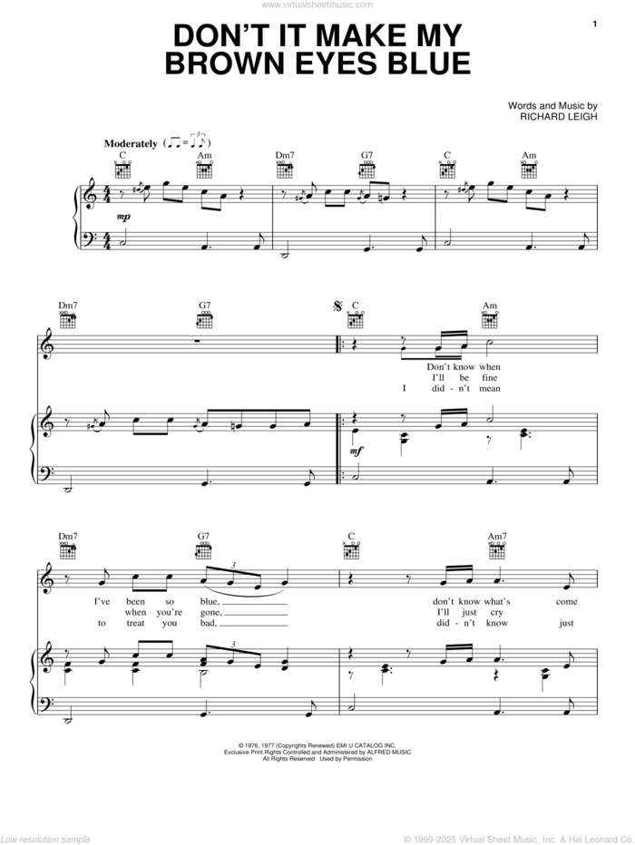 Don't It Make My Brown Eyes Blue sheet music for voice, piano or guitar by Crystal Gayle and Richard Leigh, intermediate skill level