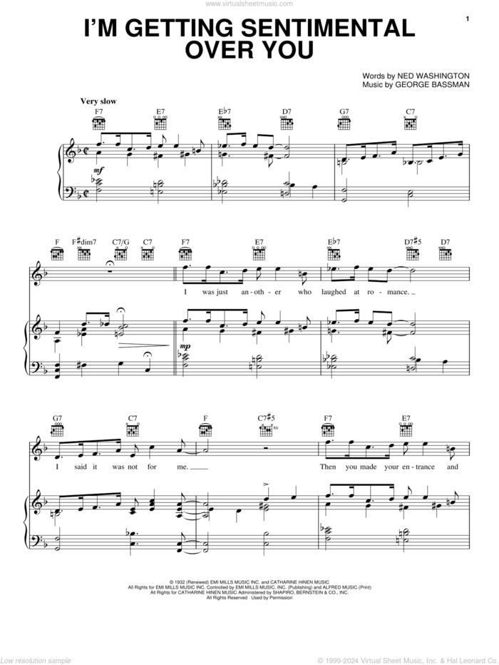 I'm Gettin' Sentimental Over You sheet music for voice, piano or guitar by Ned Washington and George Bassman, intermediate skill level