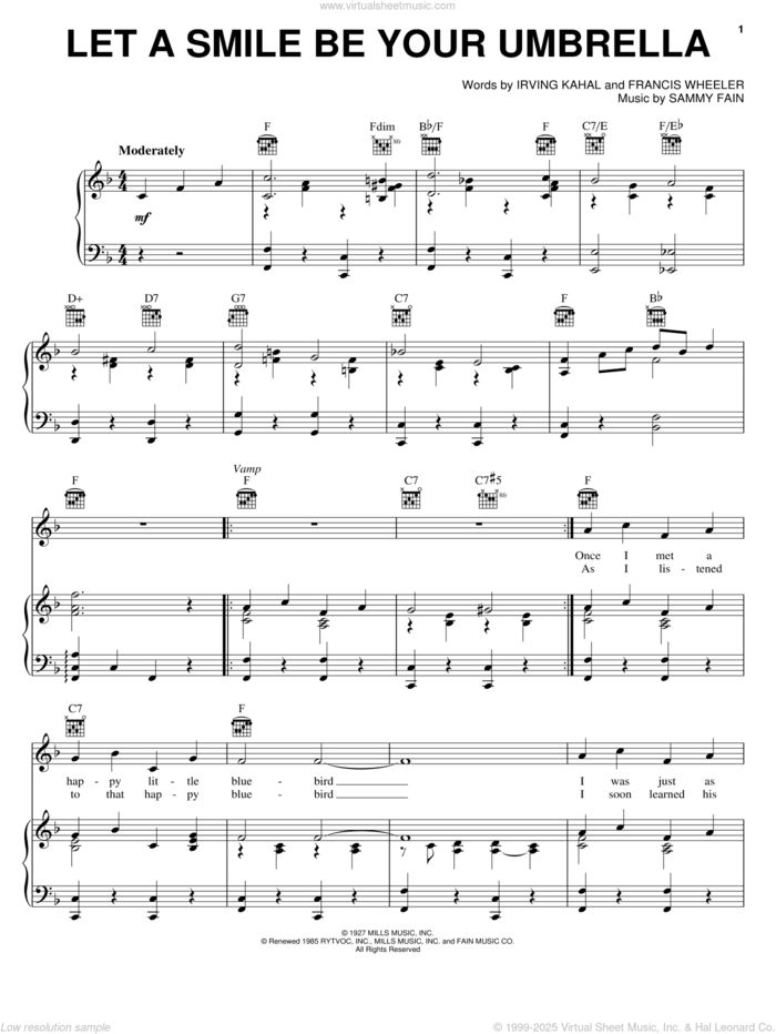 Let A Smile Be Your Umbrella sheet music for voice, piano or guitar by Irving Kahal, Francis Wheeler and Sammy Fain, intermediate skill level