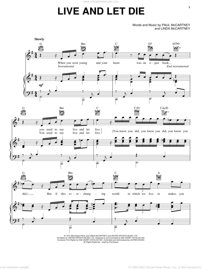 Live And Let Die sheet music for voice, piano or guitar by Paul McCartney, Paul McCartney and Wings and Linda McCartney, intermediate skill level