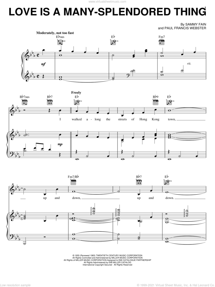 Love Is A Many-Splendored Thing sheet music for voice, piano or guitar by The Four Aces, Paul Francis Webster and Sammy Fain, intermediate skill level