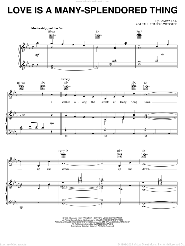 Love Is A Many-Splendored Thing sheet music for voice, piano or guitar by The Four Aces, Paul Francis Webster and Sammy Fain, intermediate skill level