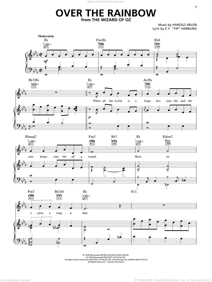 Over The Rainbow sheet music for voice, piano or guitar by Judy Garland, The Wizard Of Oz (Movie), E.Y. Harburg and Harold Arlen, intermediate skill level