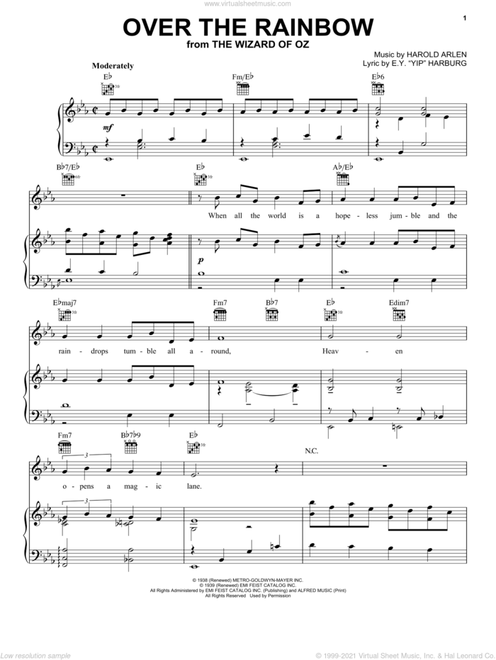Over The Rainbow (from The Wizard Of Oz) sheet music for voice, piano or guitar by Judy Garland, The Wizard Of Oz (Movie), E.Y. Harburg and Harold Arlen, intermediate skill level