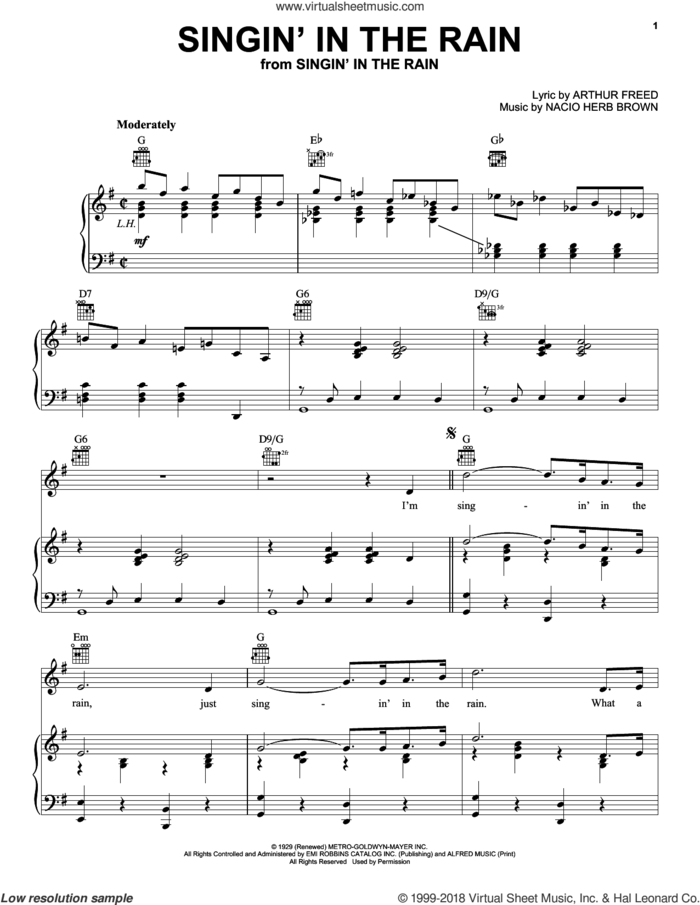 Singin' In The Rain sheet music for voice, piano or guitar by Arthur Freed and Nacio Herb Brown, intermediate skill level