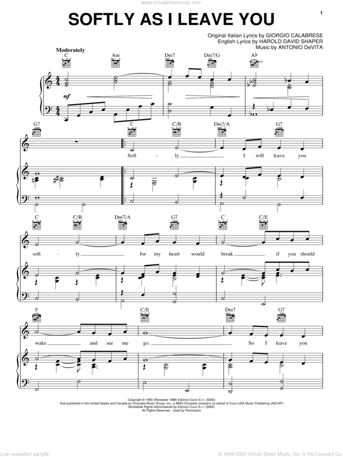 Softly As I Leave You sheet music for voice, piano or guitar by Elvis Presley, Antonio De Vita, Giorgio Calabrese and Hal Shaper, intermediate skill level