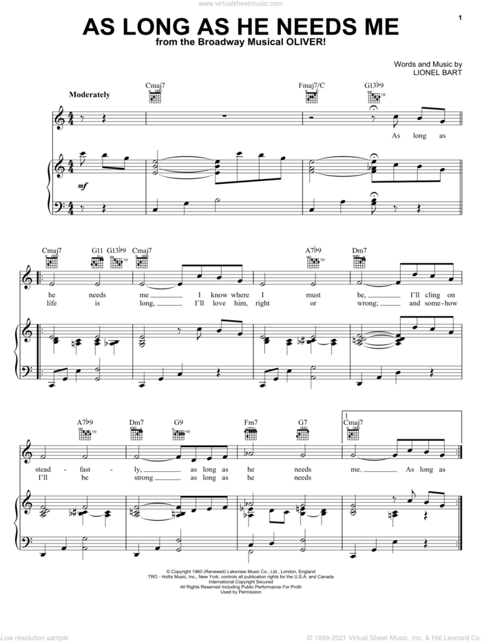 As Long As He Needs Me sheet music for voice and piano by Lionel Bart and Oliver! (Musical), intermediate skill level
