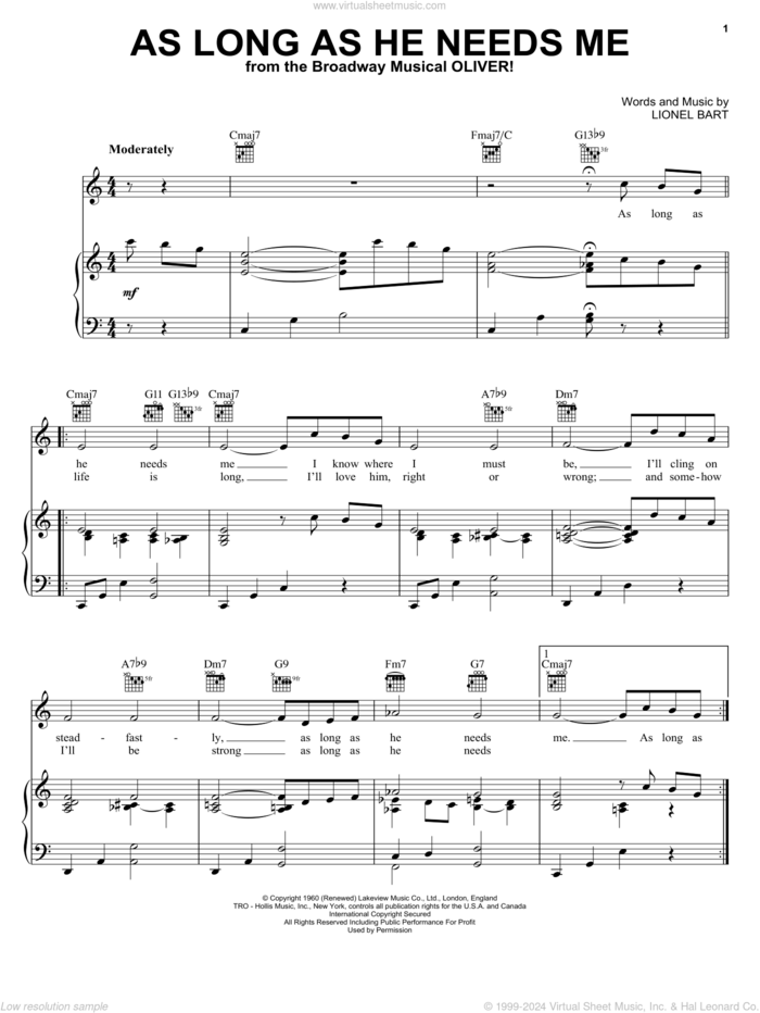 As Long As He Needs Me sheet music for voice and piano by Lionel Bart and Oliver! (Musical), intermediate skill level