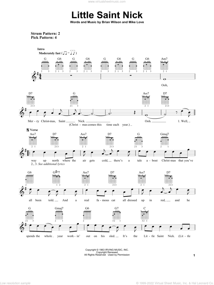 Little Saint Nick sheet music for guitar solo (chords) by The Beach Boys, Brian Wilson and Mike Love, easy guitar (chords)