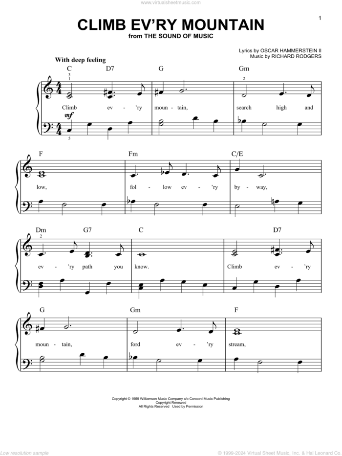 Climb Ev'ry Mountain (from The Sound of Music) sheet music for piano solo by Rodgers & Hammerstein, The Sound Of Music (Musical), Oscar II Hammerstein and Richard Rodgers, easy skill level