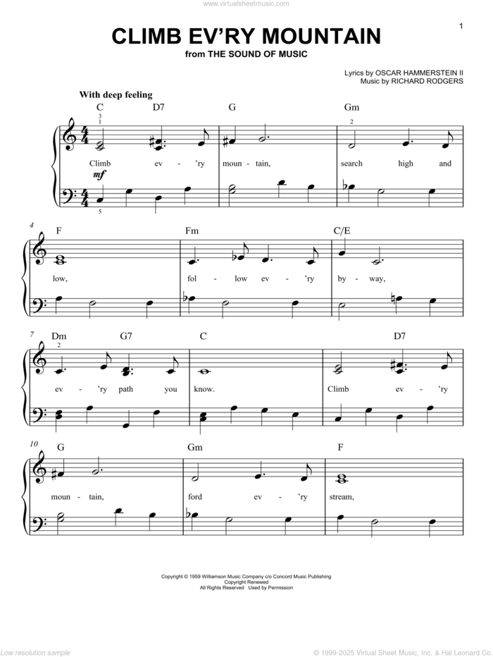 Climb Ev'ry Mountain (from The Sound of Music) sheet music for piano solo by Rodgers & Hammerstein, The Sound Of Music (Musical), Oscar II Hammerstein and Richard Rodgers, easy skill level