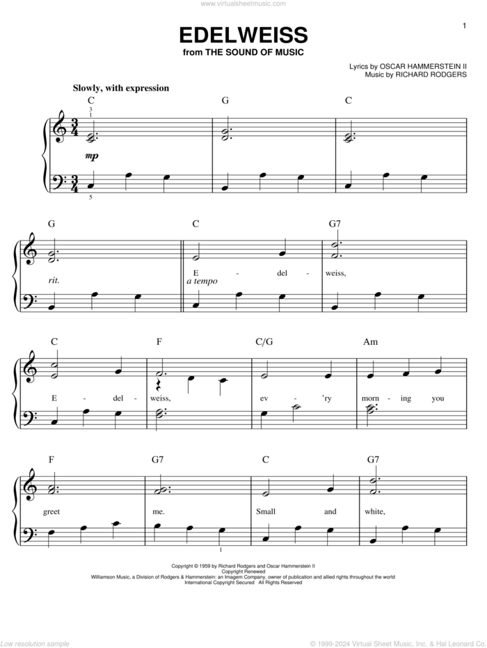 Edelweiss (from The Sound of Music) sheet music for piano solo by Rodgers & Hammerstein, The Sound Of Music (Musical), Oscar II Hammerstein and Richard Rodgers, beginner skill level