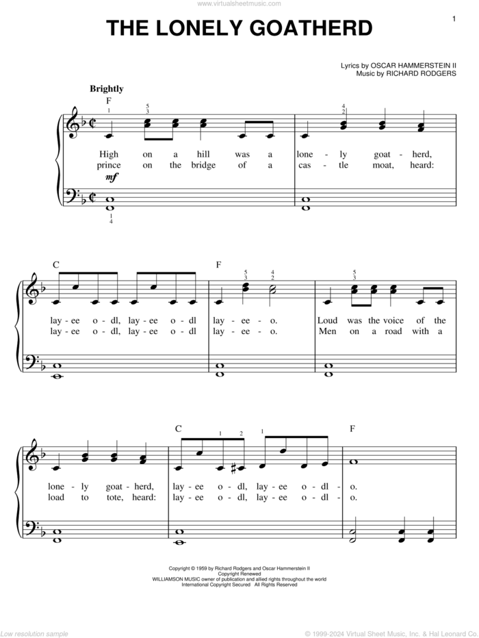 The Lonely Goatherd (from The Sound of Music), (easy) sheet music for piano solo by Rodgers & Hammerstein, The Sound Of Music (Musical), Oscar II Hammerstein and Richard Rodgers, easy skill level