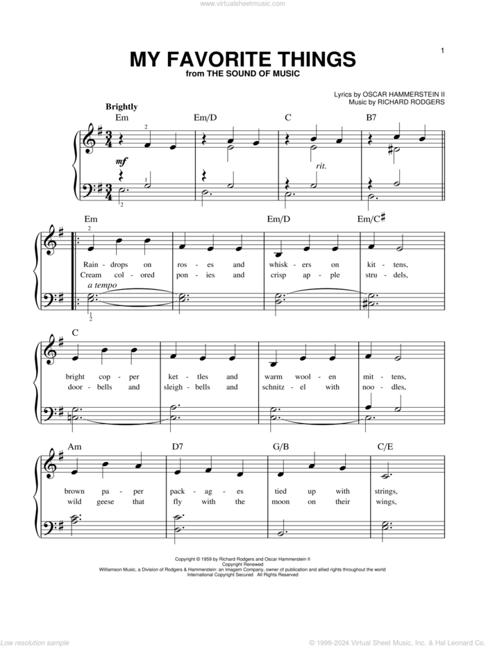 My Favorite Things, (beginner) sheet music for piano solo by Rodgers & Hammerstein, The Sound Of Music (Musical), Oscar II Hammerstein and Richard Rodgers, beginner skill level