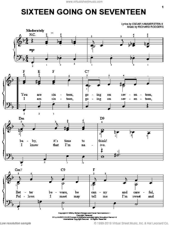 Sixteen Going On Seventeen (from The Sound of Music), (easy) sheet music for piano solo by Rodgers & Hammerstein, Oscar II Hammerstein and Richard Rodgers, easy skill level