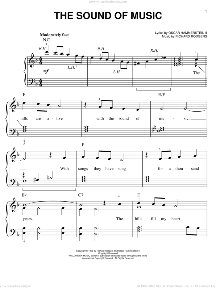 The Sound Of Music, (easy) sheet music for piano solo by Rodgers & Hammerstein, The Sound Of Music (Musical), Oscar II Hammerstein and Richard Rodgers, easy skill level