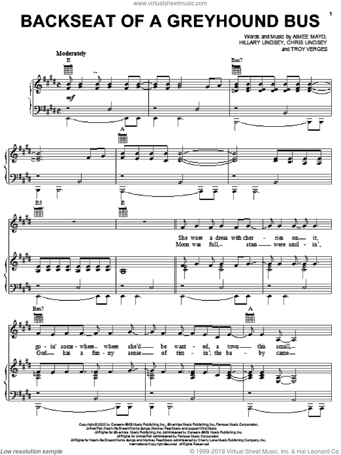 Backseat Of A Greyhound Bus sheet music for voice, piano or guitar by Sara Evans, Aimee Mayo, Chris Lindsey and Hillary Lindsey, intermediate skill level