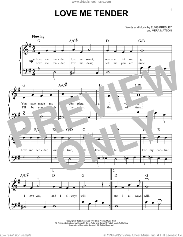 Love Me Tender, (beginner) sheet music for piano solo by Elvis Presley and Vera Matson, wedding score, beginner skill level