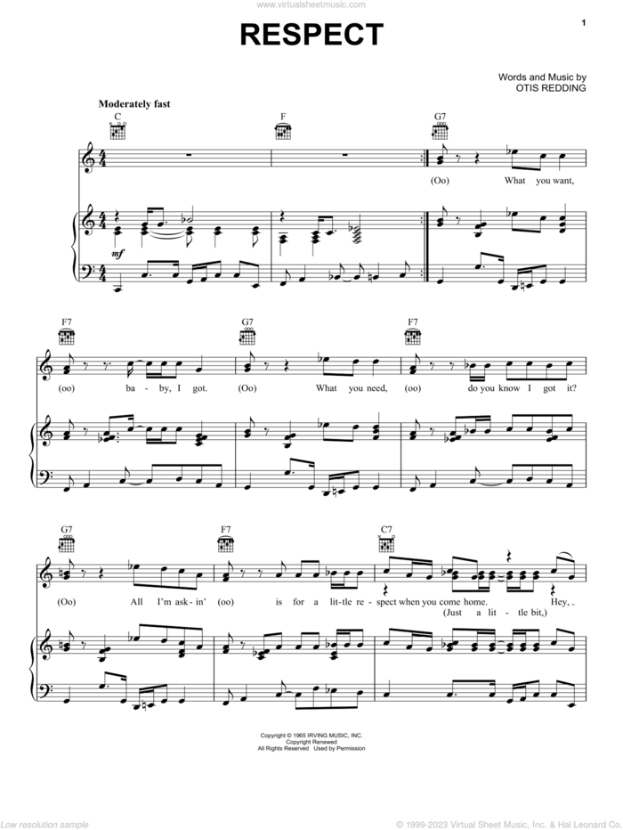 Respect sheet music for voice, piano or guitar by Aretha Franklin and Otis Redding, intermediate skill level