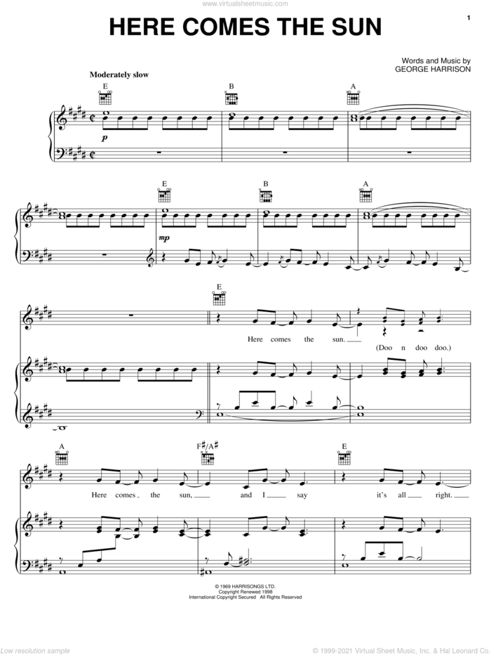 Here Comes The Sun sheet music for voice, piano or guitar by Linda Eder, The Beatles and George Harrison, intermediate skill level