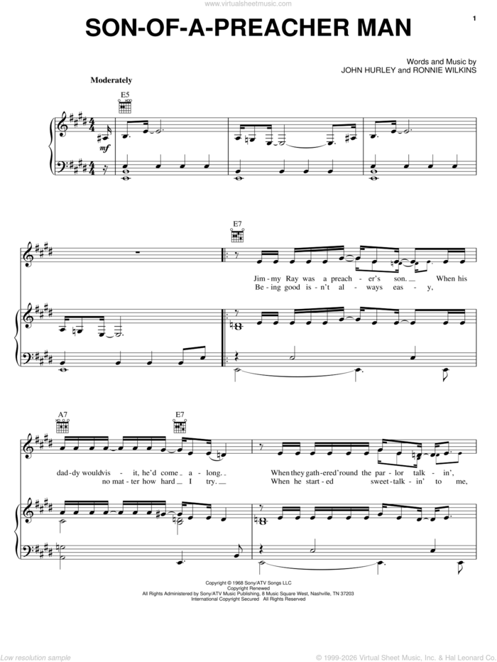 Son-Of-A-Preacher Man sheet music for voice, piano or guitar by Linda Eder, Dusty Springfield, John Hurley and Ronnie Wilkins, intermediate skill level