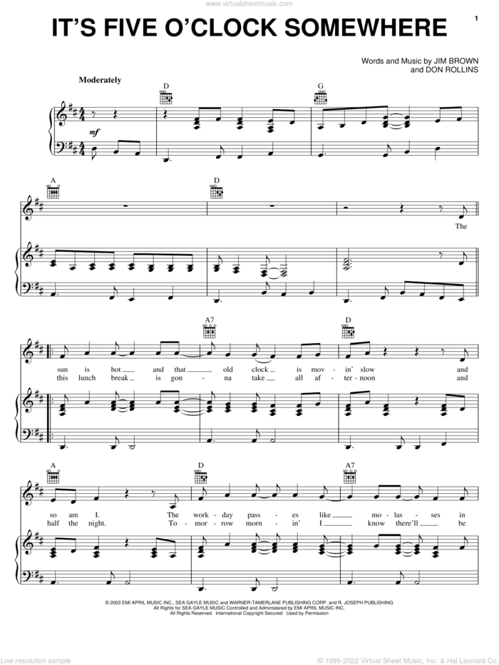 It's Five O'Clock Somewhere sheet music for voice, piano or guitar by Alan Jackson, Jimmy Buffett, Don Rollins and Jim Brown, intermediate skill level
