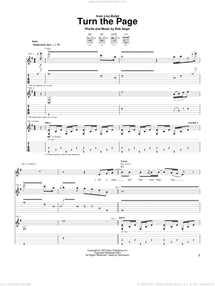 Turn The Page sheet music for guitar (tablature) by Bob Seger and Metallica, intermediate skill level