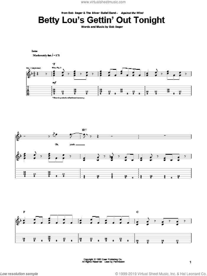 Betty Lou's Gettin' Out Tonight sheet music for guitar (tablature) by Bob Seger, intermediate skill level