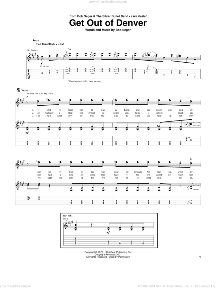Get Out Of Denver sheet music for guitar (tablature) by Bob Seger, intermediate skill level