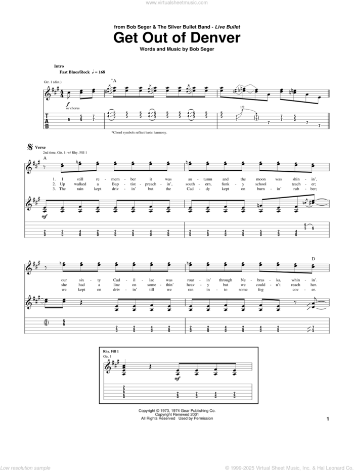 Get Out Of Denver sheet music for guitar (tablature) by Bob Seger, intermediate skill level