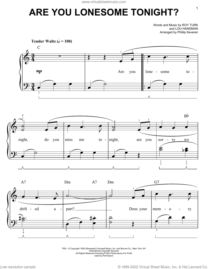 Are You Lonesome Tonight? (arr. Phillip Keveren) sheet music for piano solo by Elvis Presley, Phillip Keveren, Donny Osmond, Lou Handman and Roy Turk, easy skill level