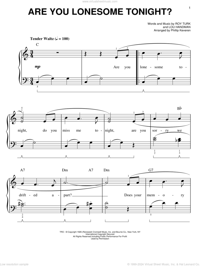 Are You Lonesome Tonight? (arr. Phillip Keveren) sheet music for piano solo by Elvis Presley, Phillip Keveren, Donny Osmond, Lou Handman and Roy Turk, easy skill level