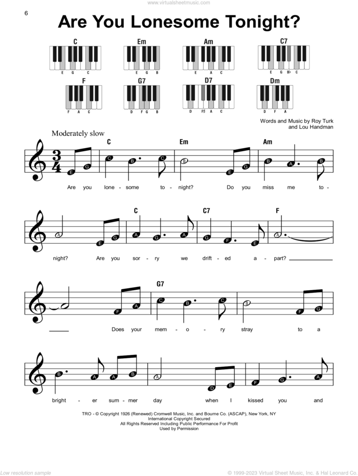 Are You Lonesome Tonight? sheet music for piano solo by Elvis Presley, Donny Osmond, Lou Handman and Roy Turk, beginner skill level