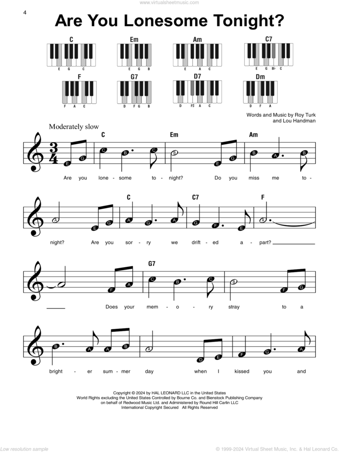 Are You Lonesome Tonight? sheet music for piano solo by Elvis Presley, Donny Osmond, Lou Handman and Roy Turk, beginner skill level