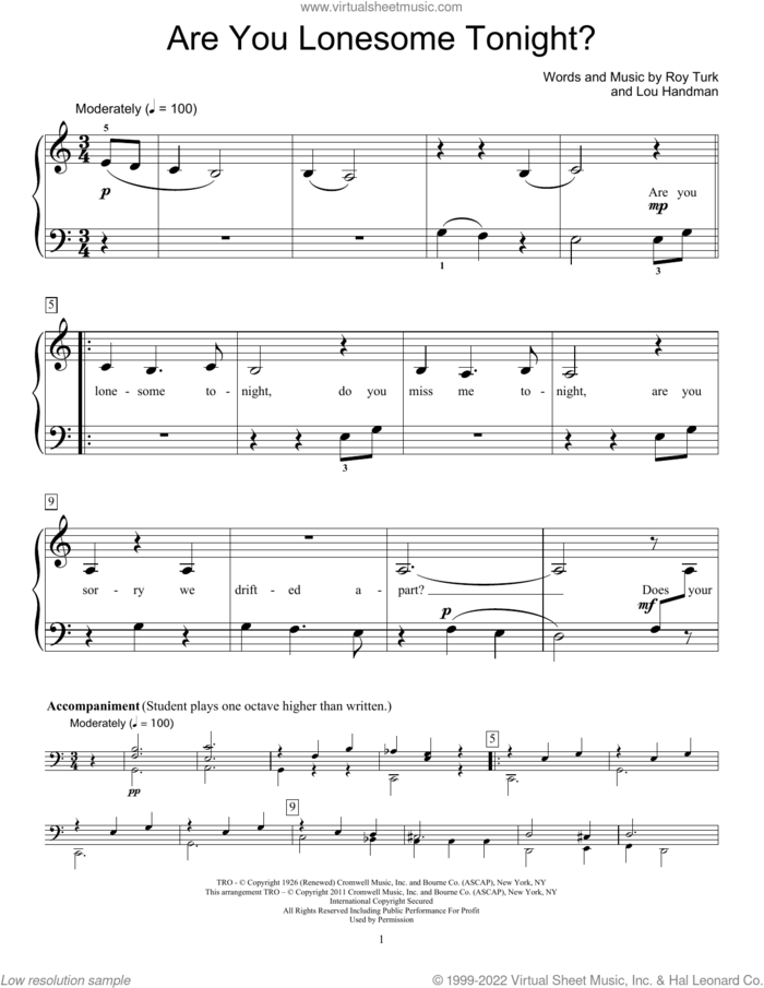 Are You Lonesome Tonight? sheet music for piano solo (elementary) by Elvis Presley, Donny Osmond, Lou Handman and Roy Turk, beginner piano (elementary)