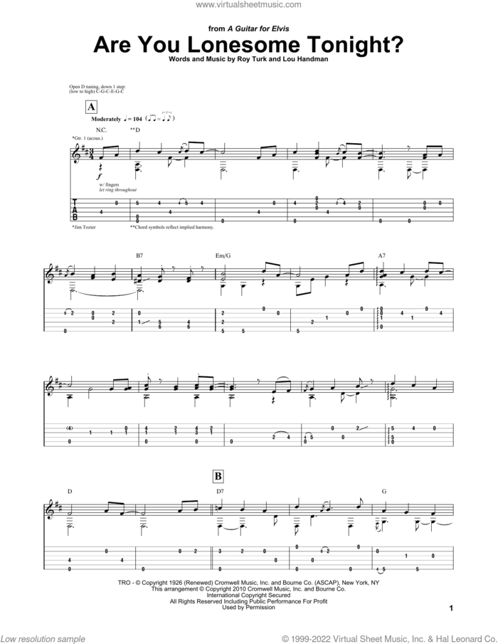 Are You Lonesome Tonight? sheet music for guitar (tablature) by Elvis Presley, Donny Osmond, Lou Handman and Roy Turk, intermediate skill level