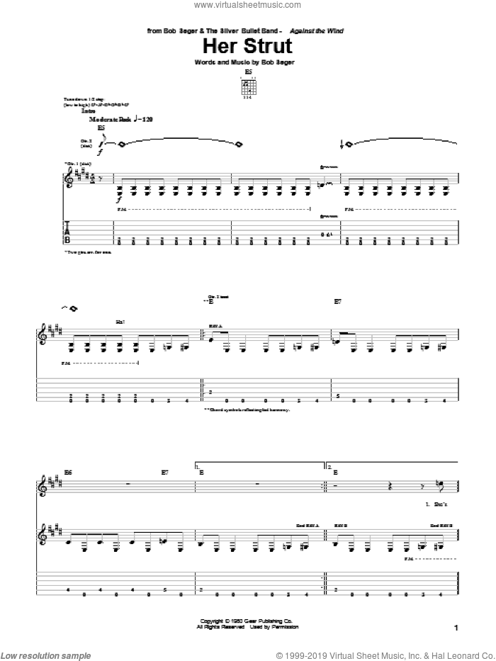 Her Strut sheet music for guitar (tablature) by Bob Seger, intermediate skill level
