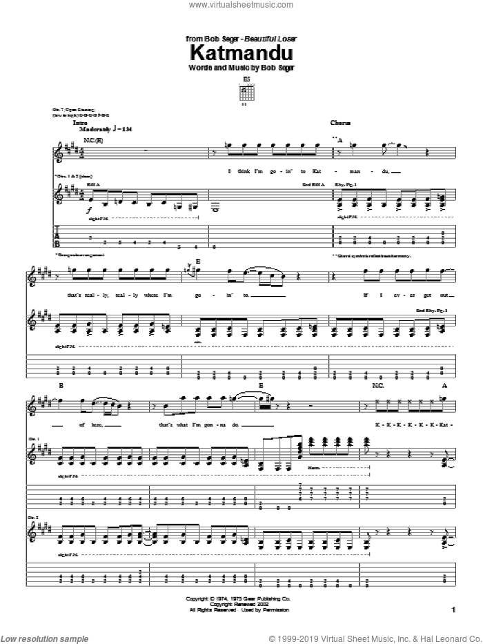 Katmandu sheet music for guitar (tablature) by Bob Seger, intermediate skill level