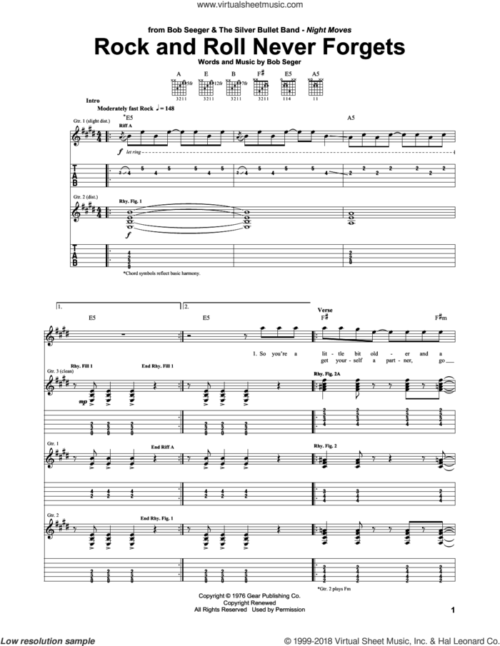 Rock And Roll Never Forgets sheet music for guitar (tablature) by Bob Seger, intermediate skill level