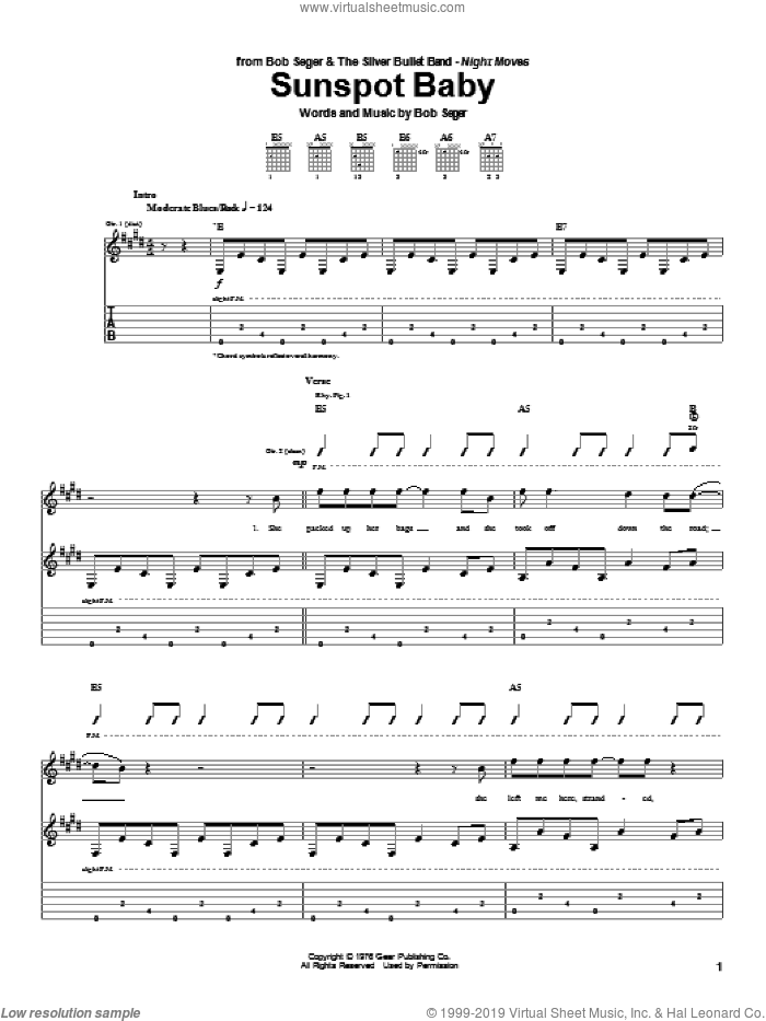 Sunspot Baby sheet music for guitar (tablature) by Bob Seger, intermediate skill level
