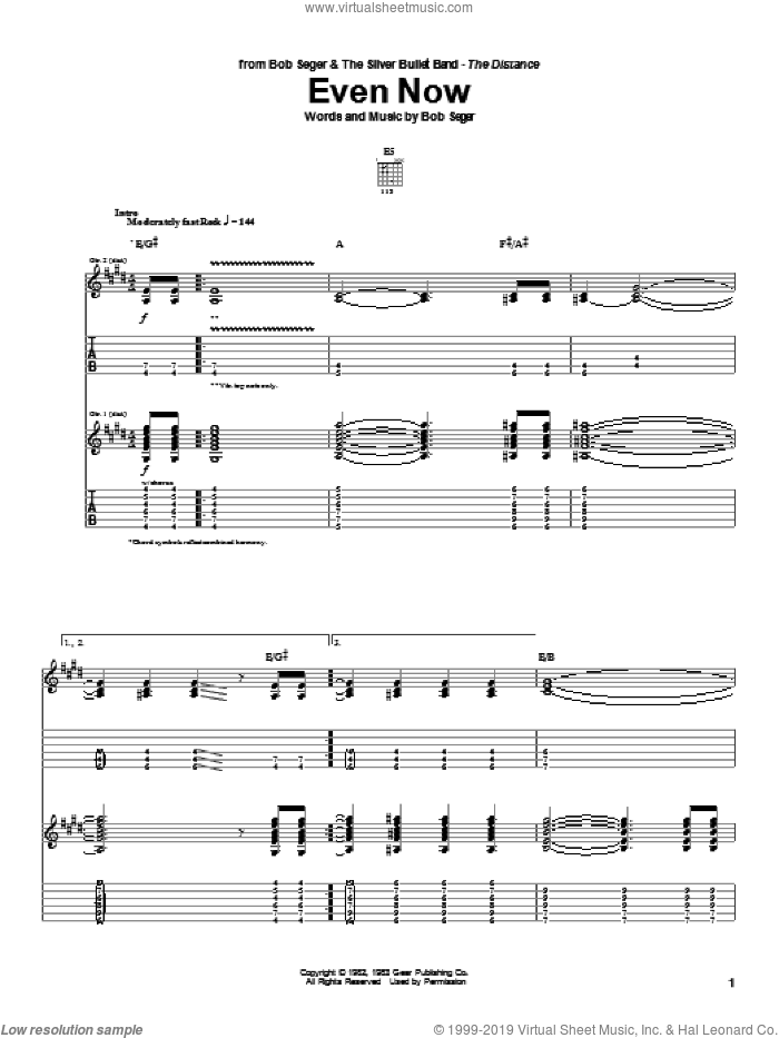Even Now sheet music for guitar (tablature) by Bob Seger, intermediate skill level